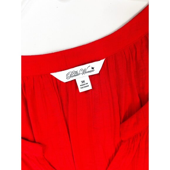 Pioneer Woman 3XL Red Rayon/Poly 40"L Dress Embroidered Puff Sleeve V-Neck EUC - Picture 6 of 10